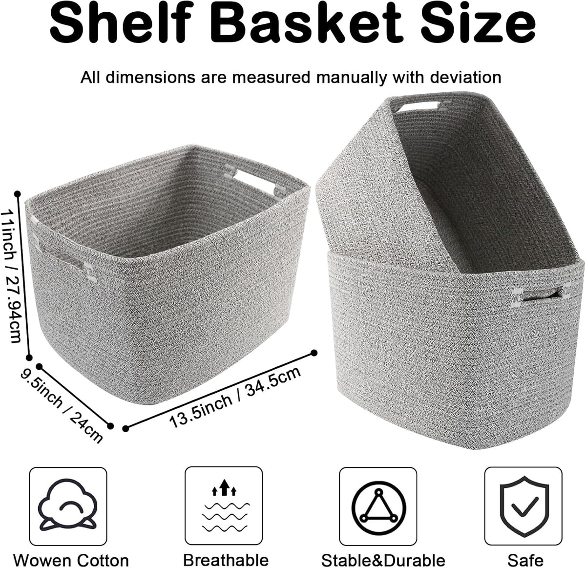 3 Pack Woven Rope Storage Baskets for Shelves,13.5"×11"×9.5" Storage Bins with Handles,Empty Gift Baskets,Nursery Organizer for Toys,Towels,Books,Closet,Living Room,Bedroom (White & Brown)