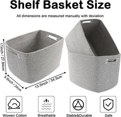 3 Pack Woven Rope Storage Baskets for Shelves,13.5"×11"×9.5" Storage Bins with Handles,Empty Gift Baskets,Nursery Organizer for Toys,Towels,Books,Closet,Living Room,Bedroom (White & Brown)