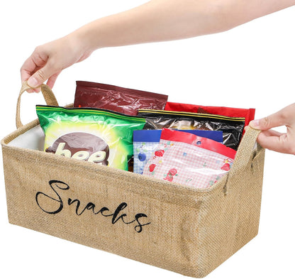 DEAYOU 2 Pack Snack Organizer for Pantry, Burlap Snack Storage Bins with 30 Pcs Bag Clips, Foldable Basket Containers with Handle for Countertop, Kitchen, Office, Chips, Popcorn, Candy, Pretzels