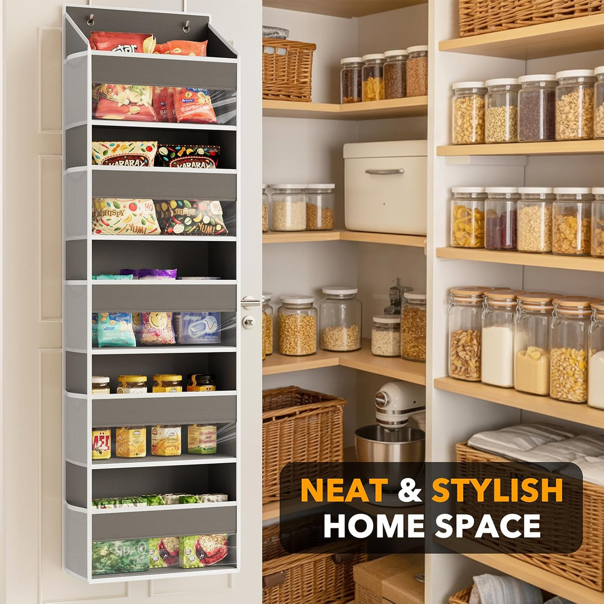 SpaceAid Over The Door Organizer with 5 Large Pockets and 10 Mesh Side Pockets, 5 Layers Door Organizer Hanging with Clear Window for Bedroom, Bathroom, Pantry and Nursery, Gray