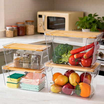 Criusia 2 Set Pantry Organizers and Storage with Bamboo Lids, Stackable Clear Bins for Onion, Potato, Fruit, Vegetables, Trash Bag Dispenser, Kitchen and Under Sink Organizer