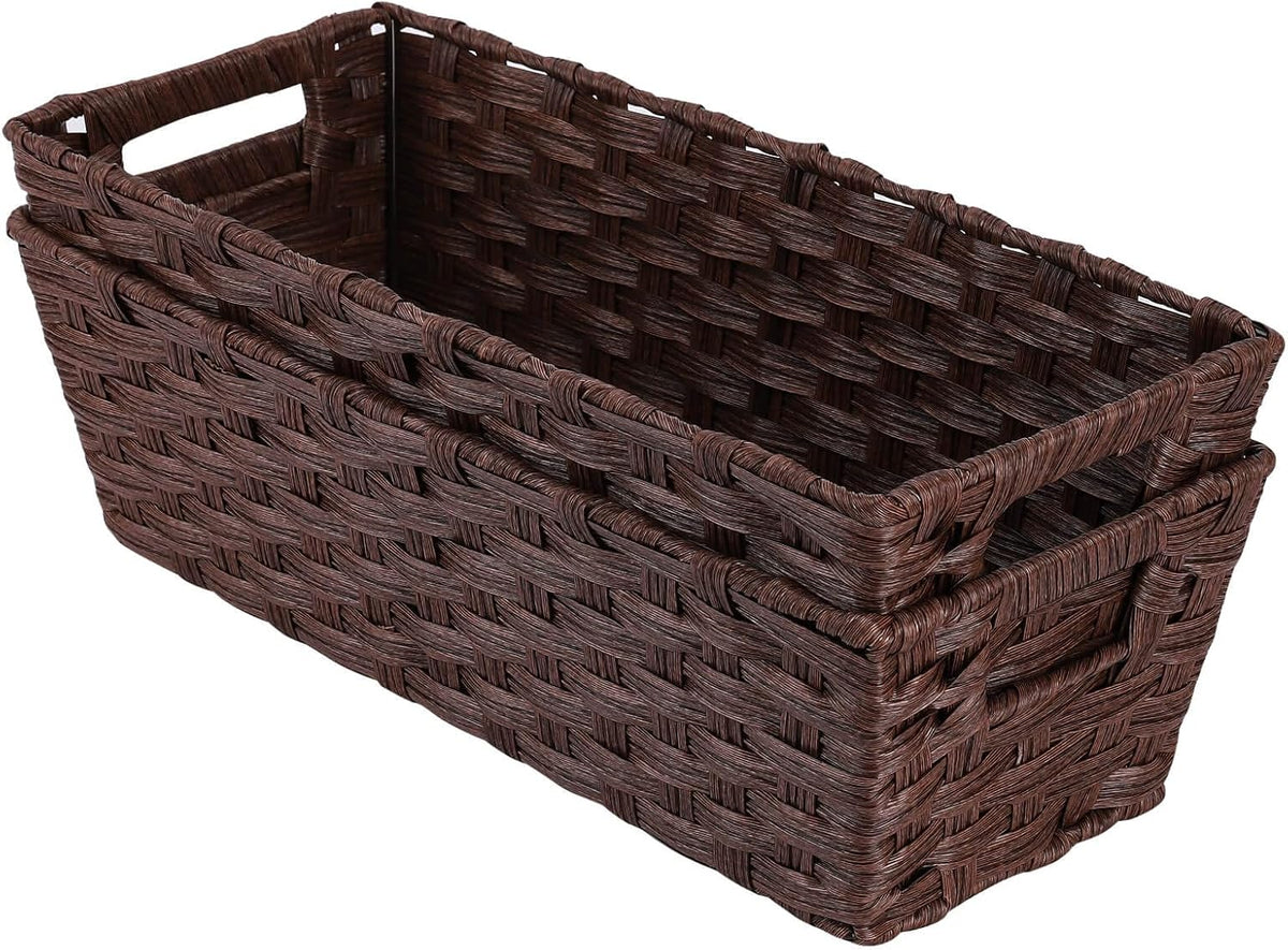 Onlytak Large Wicker Storage Basket, Metal Frame, Set of 2, Washable Waterproof, 15" x 10.3" x 5.2", Brown Color, Woven Basket for Pantry, Toilet, Bathroom, Bedroom, Patio