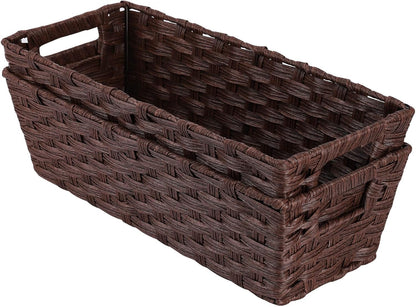 Onlytak Large Wicker Storage Basket, Metal Frame, Set of 2, Washable Waterproof, 15" x 10.3" x 5.2", Brown Color, Woven Basket for Pantry, Toilet, Bathroom, Bedroom, Patio