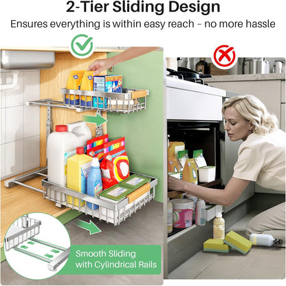 Kitstorack Under Sink Organizer, 2 Tier Under the Sink Storage, Slide out Pull out Cabinet Organizer Shelf, Metal Sliding Drawer for Kitchen Bathroom Pantry Closet Organization Rack, Black