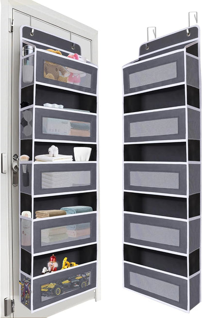 Over The Door Organizer 44LB Capacity with 5 Large Pockets & 10 Mesh Side Pockets, Clear Window Anti-Tilt Hanging Storage for Nursery, Bathroom, Pantry - Dark Grey, 1 Pack