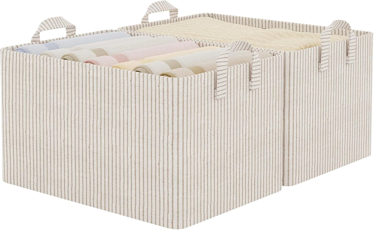 StorageWorks Storage Bins, Shelves Baskets for Organizing, Fabric Closet Organizers with Handles, Metal Frame, Beige-Cotton-linen, 2-Pack