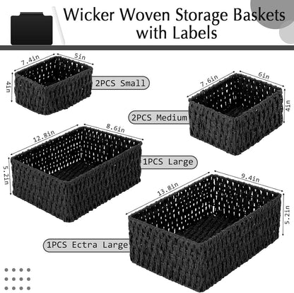 Marsui 6 Pcs Wicker Storage Baskets with Labels Handwoven Multi-size Brown Wicker Storage Bins for Organizing Small Baskets Container for Shelves Closet Pantry Toilet(Brown )