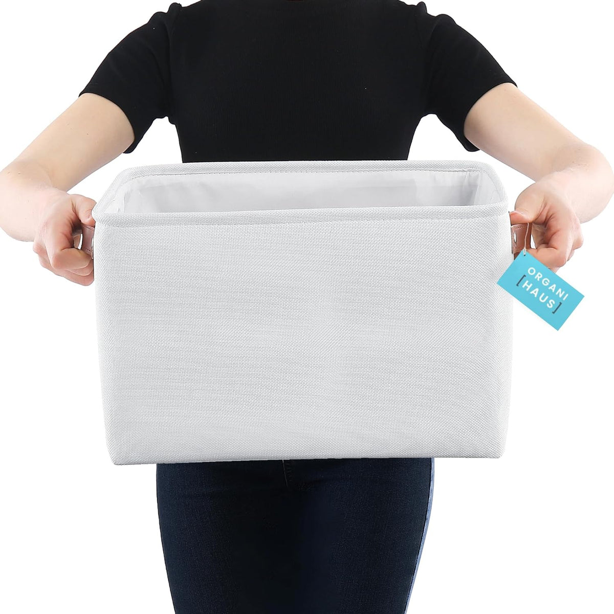 OrganiHaus 12x8in Canvas Storage Baskets 3 Pack | SMALL Fabric Bins for Shelves | Pantry & Bathroom Organizer | Beige/Off-White