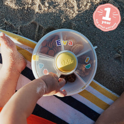 GoBe Kids Small Snack Spinner Slide Bundle with Hand Strap and Sticker Sheet - Reusable Snack Container with 5 Compartment Dispenser and Lid | BPA/PVC Free | Dishwasher Safe | No Spill - Coral Pink
