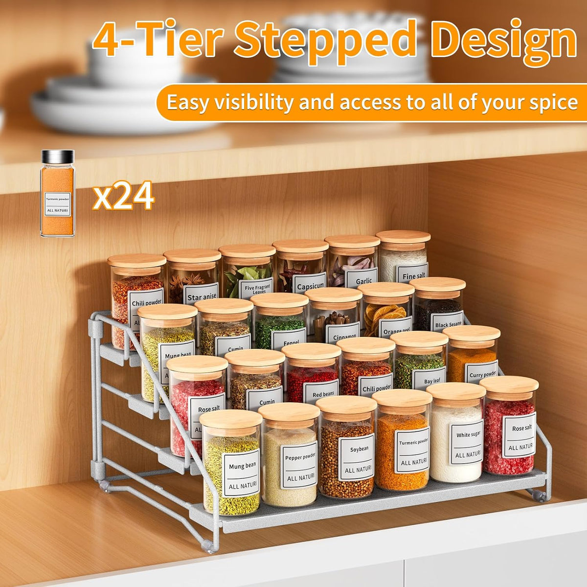 RCHYFEED Spice Rack Organizer for Cabinet Pantry,4 Tier Spice Rack Countertop, Depth Adjustable Spice Organization for Cabinet,Tierd Seasoning Organizer for Cabinet(Black) | for Cabinet Pantry