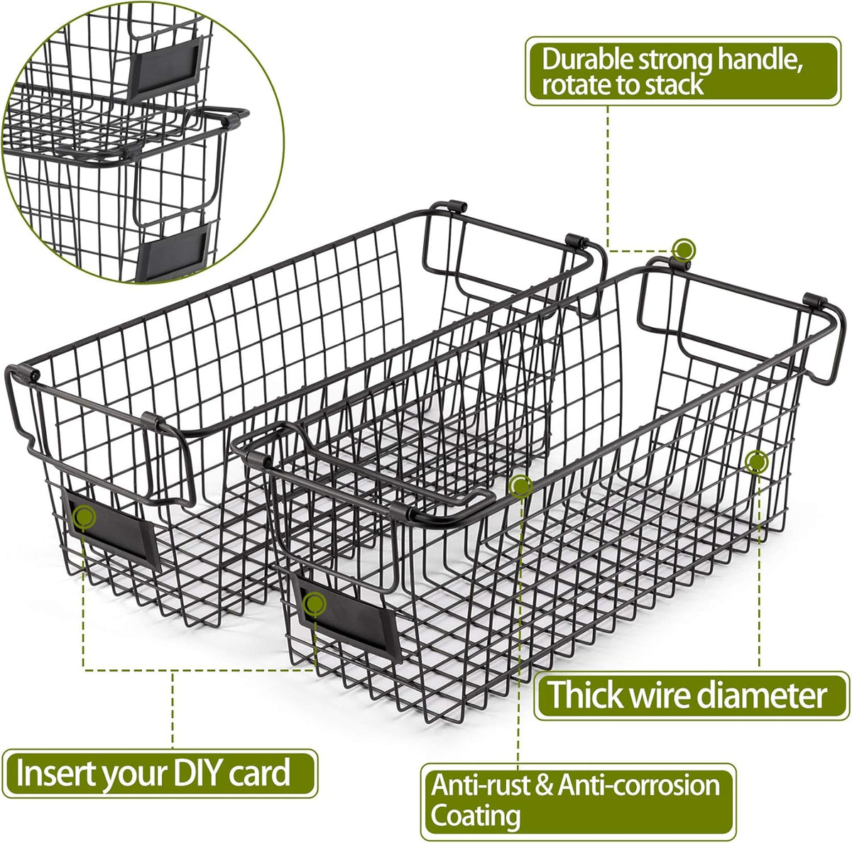 4 Pack [ XL Large ] STACKABLE Wire Baskets for Organizing - Pantry Storage and Organization Metal Bins for Produce, Food, Fruit - Kitchen Bathroom Closet Cabinet, Countertop, Under Sink Organizer