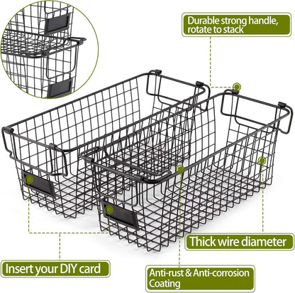 4 Pack [ XL Large ] STACKABLE Wire Baskets for Organizing - Pantry Storage and Organization Metal Bins for Produce, Food, Fruit - Kitchen Bathroom Closet Cabinet, Countertop, Under Sink Organizer