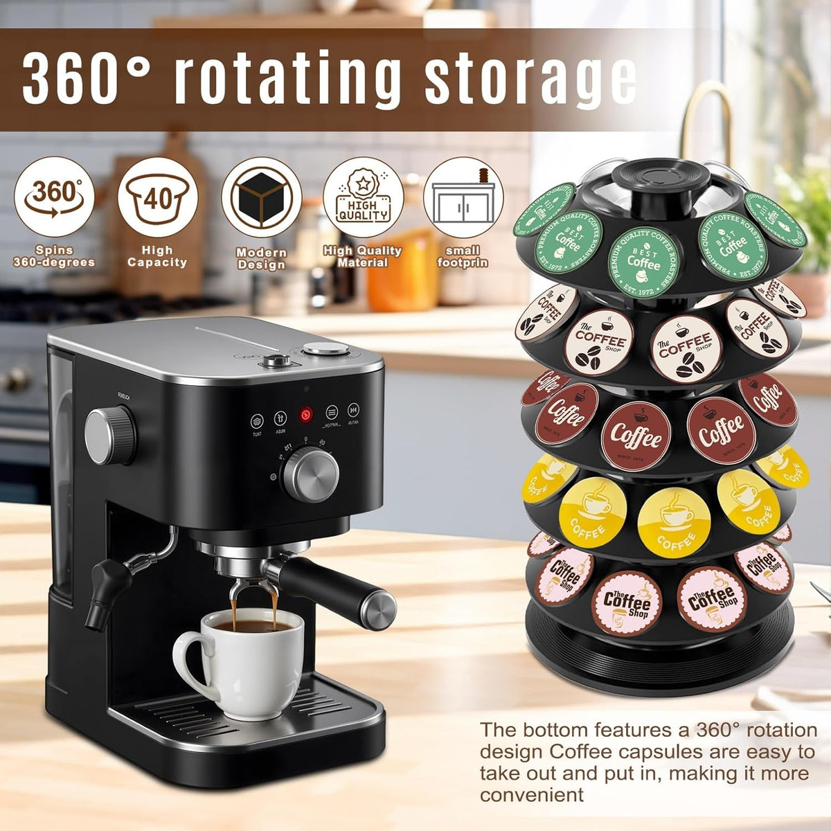 K Cup Holder, Coffee Pod Storage Carousel Holder Organizer Compatible with 40 Keurig K-Cup Pods, Home or Office Kitchen Counter Organizer