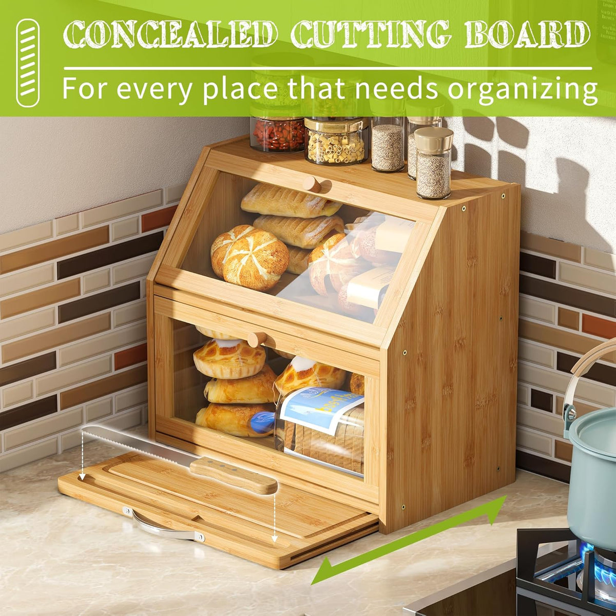 BMOSU Bread Box with Cutting Board Kitchen Bread Storage Organizer Farmhouse Countertop Double Bamboo Wood Bread Box(Natural)