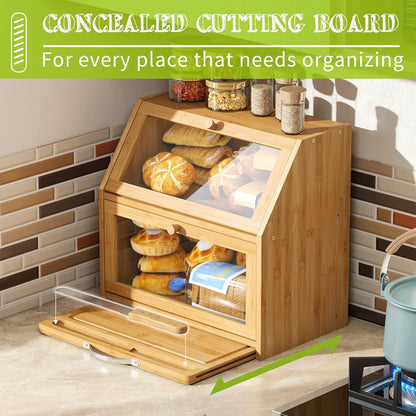 BMOSU Bread Box with Cutting Board Kitchen Bread Storage Organizer Farmhouse Countertop Double Bamboo Wood Bread Box(Natural)