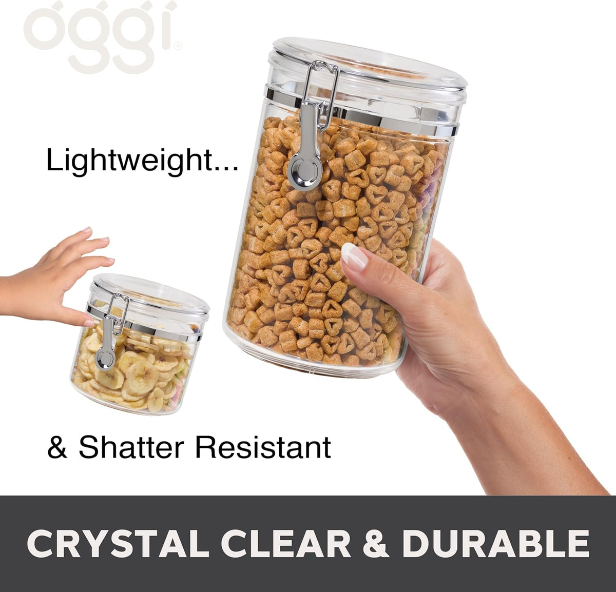 Oggi Clear Canister Set with Clamp Lids & Spoons - Airtight Food Storage Containers, Ideal for Kitchen & Pantry Storage of Bulk, Dry Food Including Flour, Sugar, Coffee, Rice, Tea, Spices & Herbs