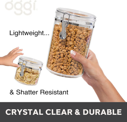 Oggi Clear Canister Set with Clamp Lids & Spoons - Airtight Food Storage Containers, Ideal for Kitchen & Pantry Storage of Bulk, Dry Food Including Flour, Sugar, Coffee, Rice, Tea, Spices & Herbs