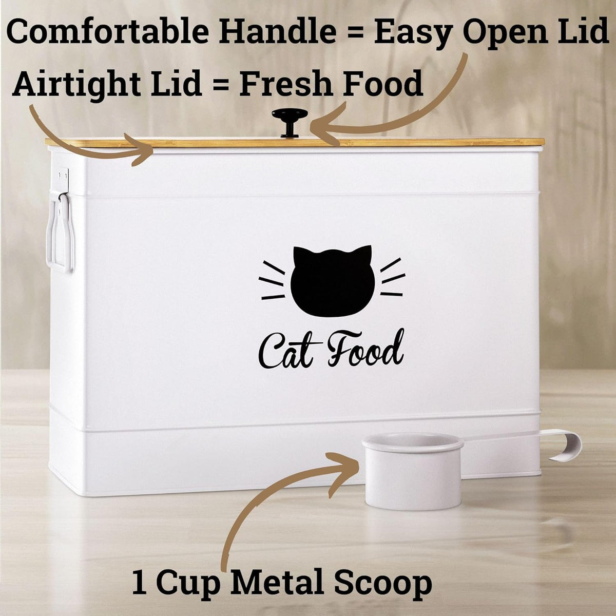 Cat Food Storage Container with Scoop - 15 lb (50 Cup) Capacity Metal Cat Food Container with Airtight Bamboo Lid & Metal Scoop - Airtight Pet Food Storage Containers - 15 lb Treats & Kibble Container