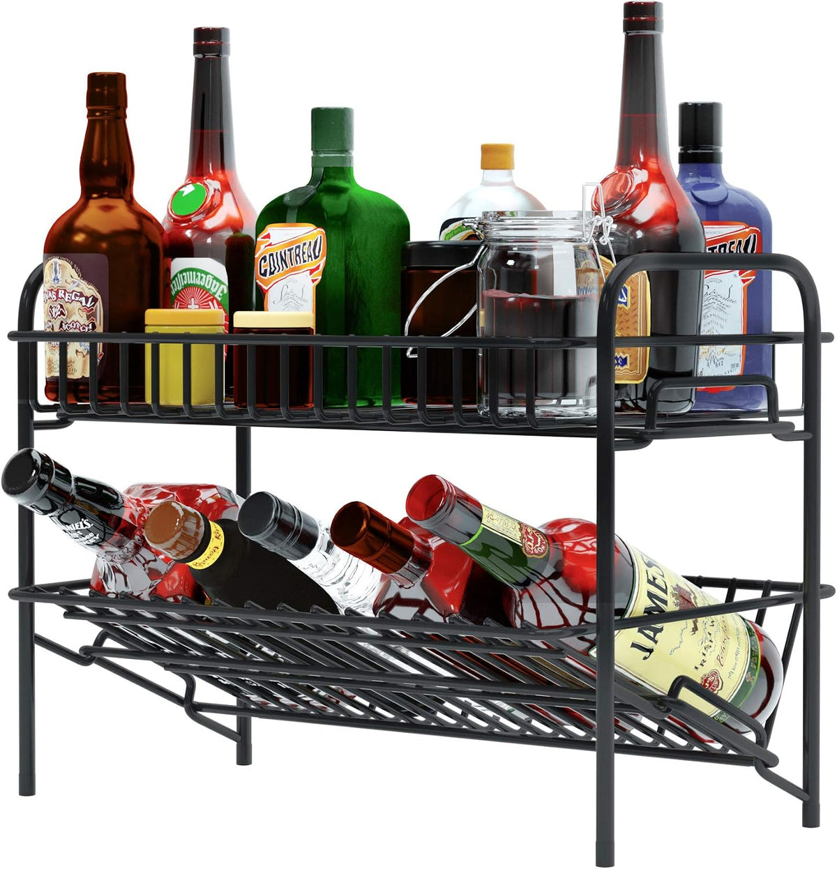 HengLiSam Spice Rack Organizer for Countertop, Heavy Duty Full Solid Metal Kitchen Shelves, 2 Tier Liquor Shelves Freestanding Holder Storage for Kitchen Cabinet Pantry Bottle Rack for Bathroom, Black