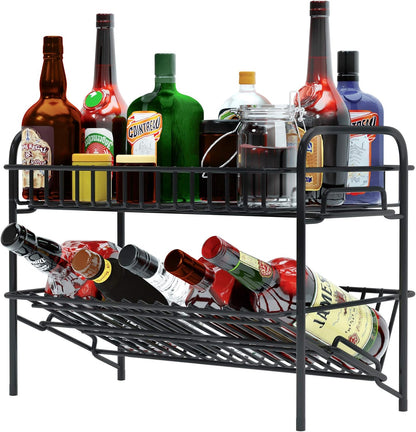 HengLiSam Spice Rack Organizer for Countertop, Heavy Duty Full Solid Metal Kitchen Shelves, 2 Tier Liquor Shelves Freestanding Holder Storage for Kitchen Cabinet Pantry Bottle Rack for Bathroom, Black