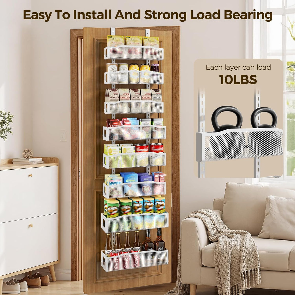 Delamu 8 Tier Over the Door Pantry Organizer, 2in1 Hanging or Wall Mount Spice Rack Seasoning, Adjustable Heavy-Duty Narrow Pantry Door Organizer and Storage for Kitchen Cabinet and Bathroom,12" White