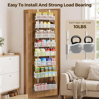 Delamu 8 Tier Over the Door Pantry Organizer, 2in1 Hanging or Wall Mount Spice Rack Seasoning, Adjustable Heavy-Duty Narrow Pantry Door Organizer and Storage for Kitchen Cabinet and Bathroom,12" White
