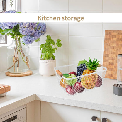 2 Pack 12" Wide Metal Mesh Baskets with Bamboo Handles for Pantry Organization | Wire Storage Bins for Kitchen, Cabinet, Fruit & Snacks | Decorative Farmhouse Style Organizer