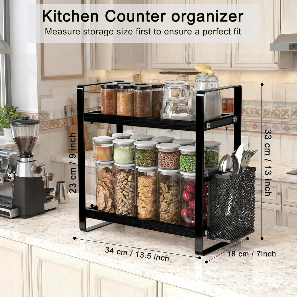 LEMIKKLE 2-Tier Coffee Bar Organizer With Basket,Wooden Counter Shelf for Coffee Bar Accessories,Kitchen Spice Rack Organizer for Countertop-Brown