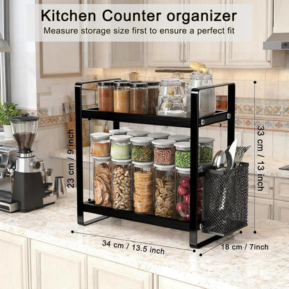 LEMIKKLE 2-Tier Coffee Bar Organizer With Basket,Wooden Counter Shelf for Coffee Bar Accessories,Kitchen Spice Rack Organizer for Countertop-Brown