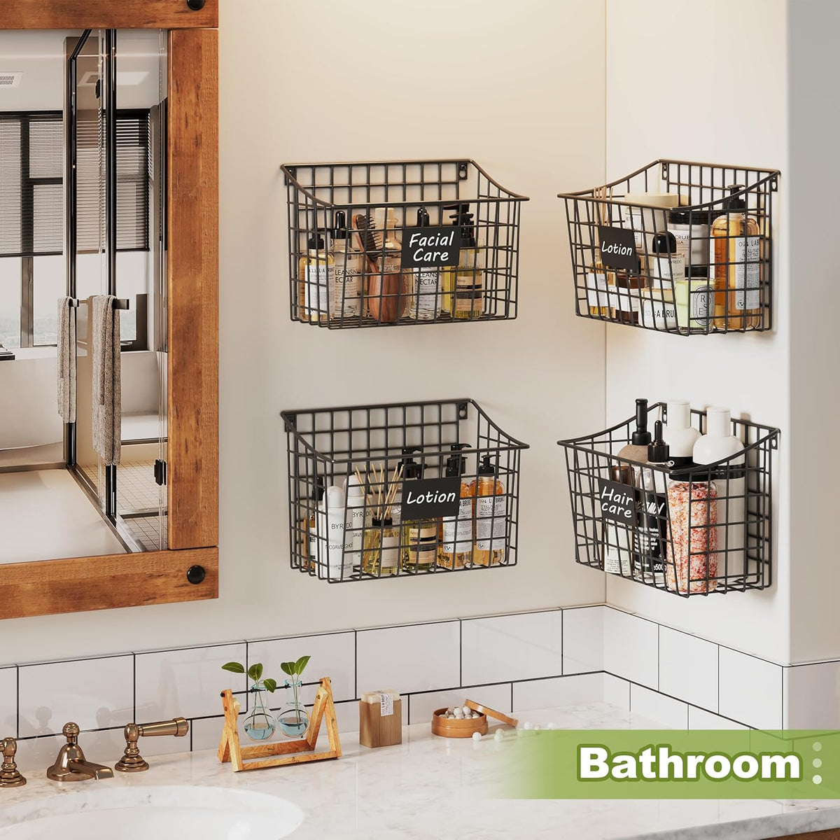 Wall Mounted Bin Basket with 5 Hooks 3 Label Plate Adhesive-3 Pack, Cabinet Hanging Metal Wire Basket,Rustic Farmhouse Decor, Storage Organization Shelf for Pantry Kitchen Bathroom 10.6*7.5*5.1inch