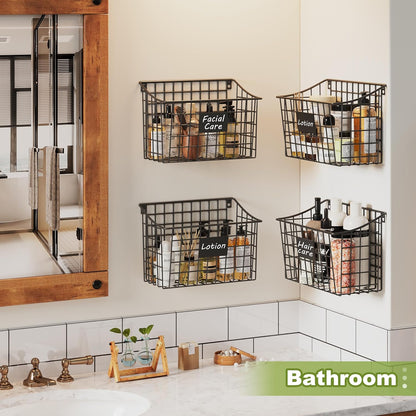 Wall Mounted Bin Basket with 5 Hooks 3 Label Plate Adhesive-3 Pack, Cabinet Hanging Metal Wire Basket,Rustic Farmhouse Decor, Storage Organization Shelf for Pantry Kitchen Bathroom 10.6*7.5*5.1inch
