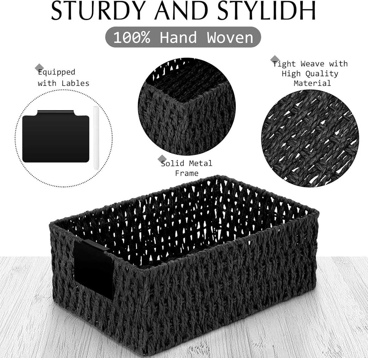 Marsui 6 Pcs Wicker Storage Baskets with Labels Handwoven Multi-size Brown Wicker Storage Bins for Organizing Small Baskets Container for Shelves Closet Pantry Toilet(Brown )