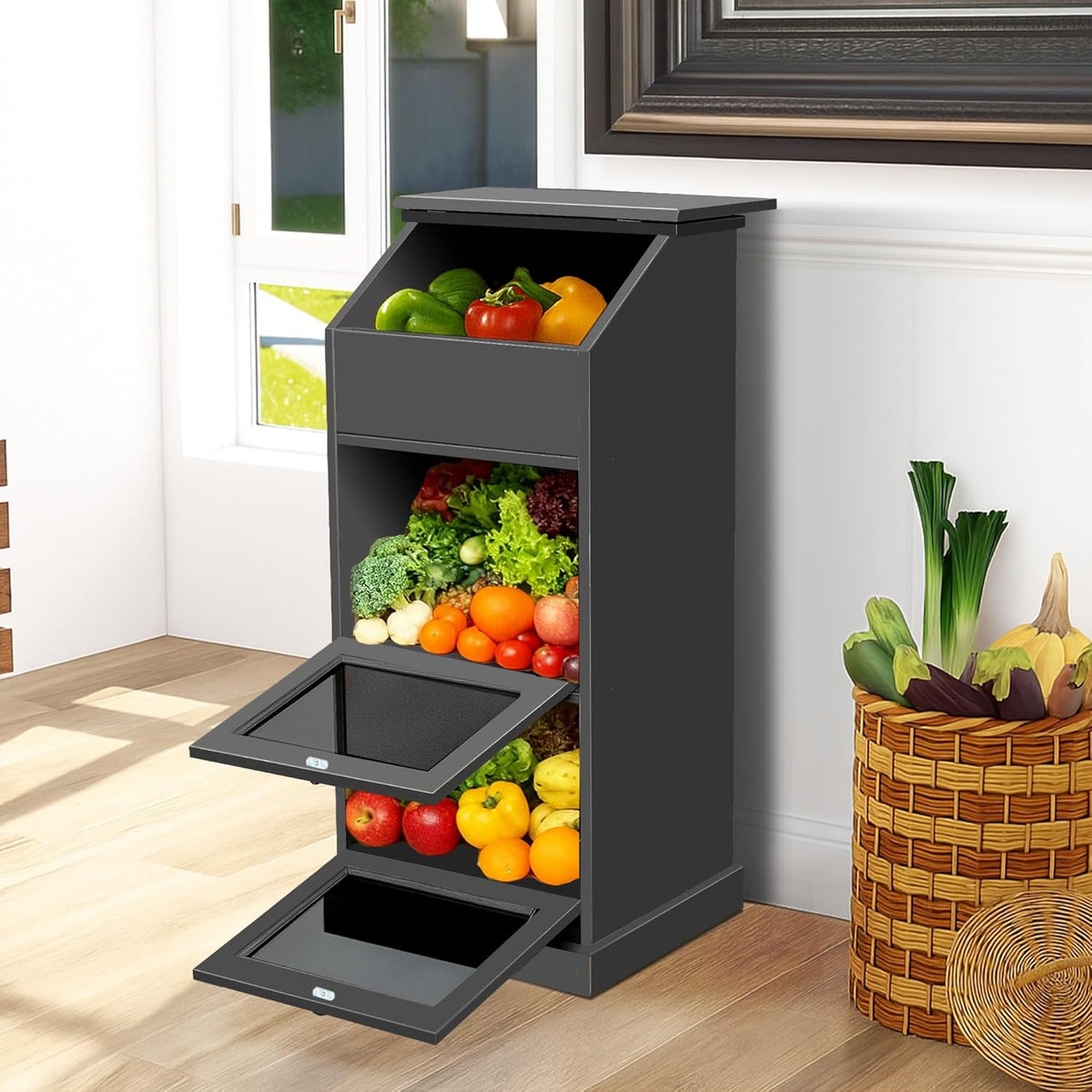 Potato Storage Bin, 3-Tier Potato and Onion Storage Bin with Lid, Wooden Bread Box for Fruit and Vegetable,Food Storage Containers for Kitchen Pantry (Oak)