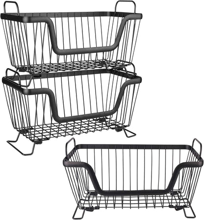 LOTTS Stackable wire basket for pantry, Metal Pantry basket, Storage Organizer Bin with Handles, Fruit basket for Kitchen Cabinets, Pantry, Closets, Bedrooms, Bathrooms (12.6×6.5×7.6")