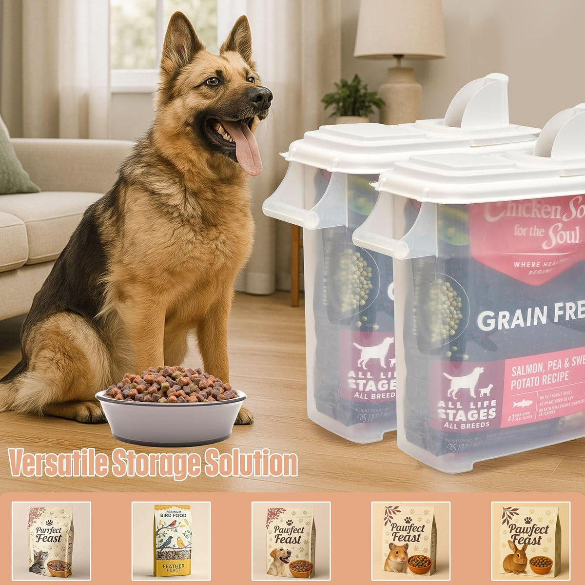 Buddeez Airtight Pet Food Storage Container - 50 QT/50 LB Capacity Dog Food Storage Container - Cat Food Container, Bird Seed Storage Container, Rolling Storage Bin, Air Tight with Handle & Scoop