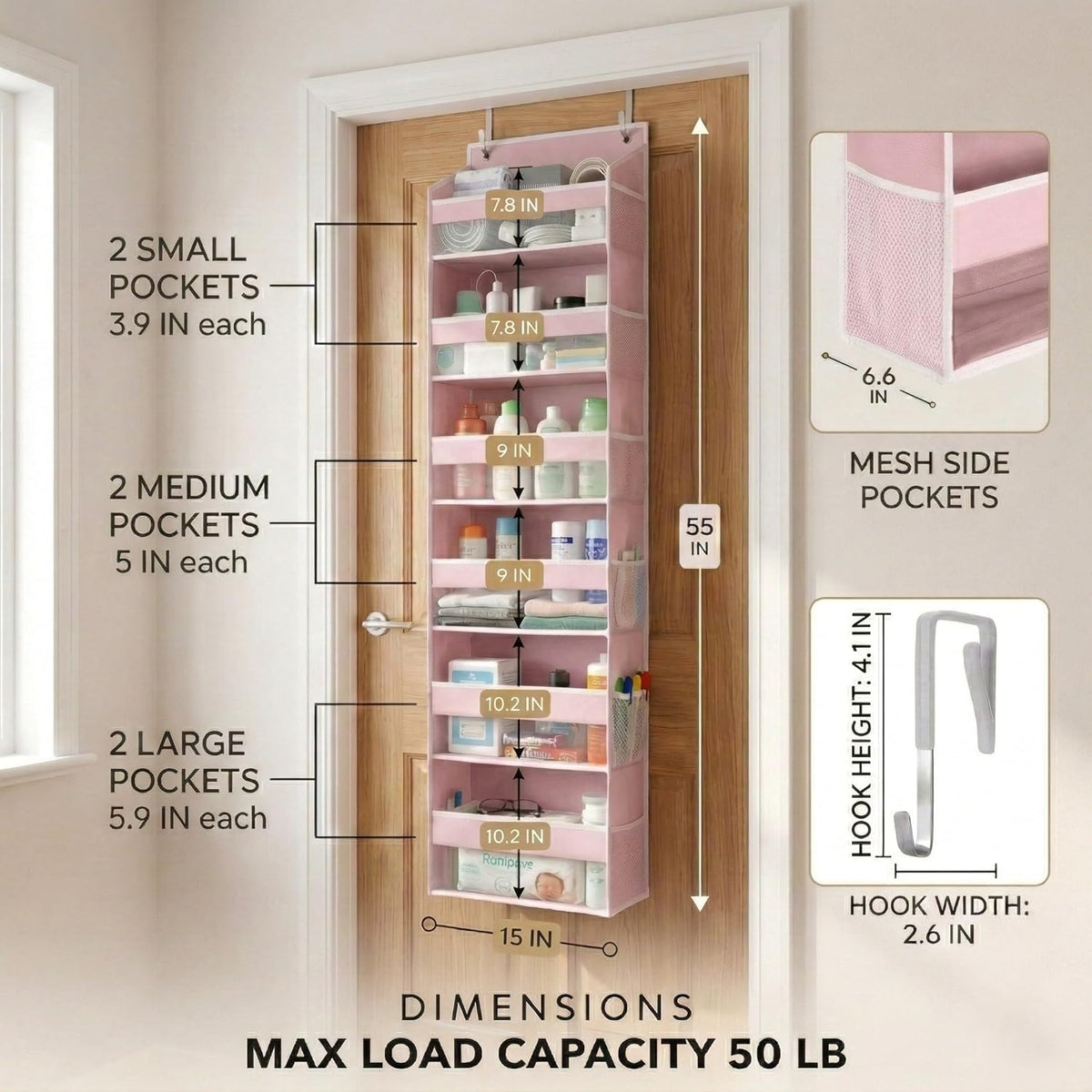 HOMELUX THEORY UPGRADED 6 Tiers Over The Door Organizer Hanging - 100D EXTRA THICK & 50lbs HUGE CAPACITY, 12 Side Mesh Pockets Over The Door Shoe Organizer, Hanging Closet Organizer (Ivory, 1pc)