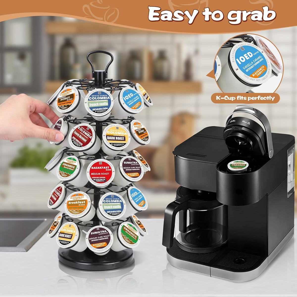 BLACKSMITH FAMILY 36 K Cup Pod Carousel Easy Assembly Design K Cup Holders,K Cup Holder, K Cups Holder,K Cup Carousel, 4-Tier Coffee Pods Holder Storage Organizer Stand,Glossy Black