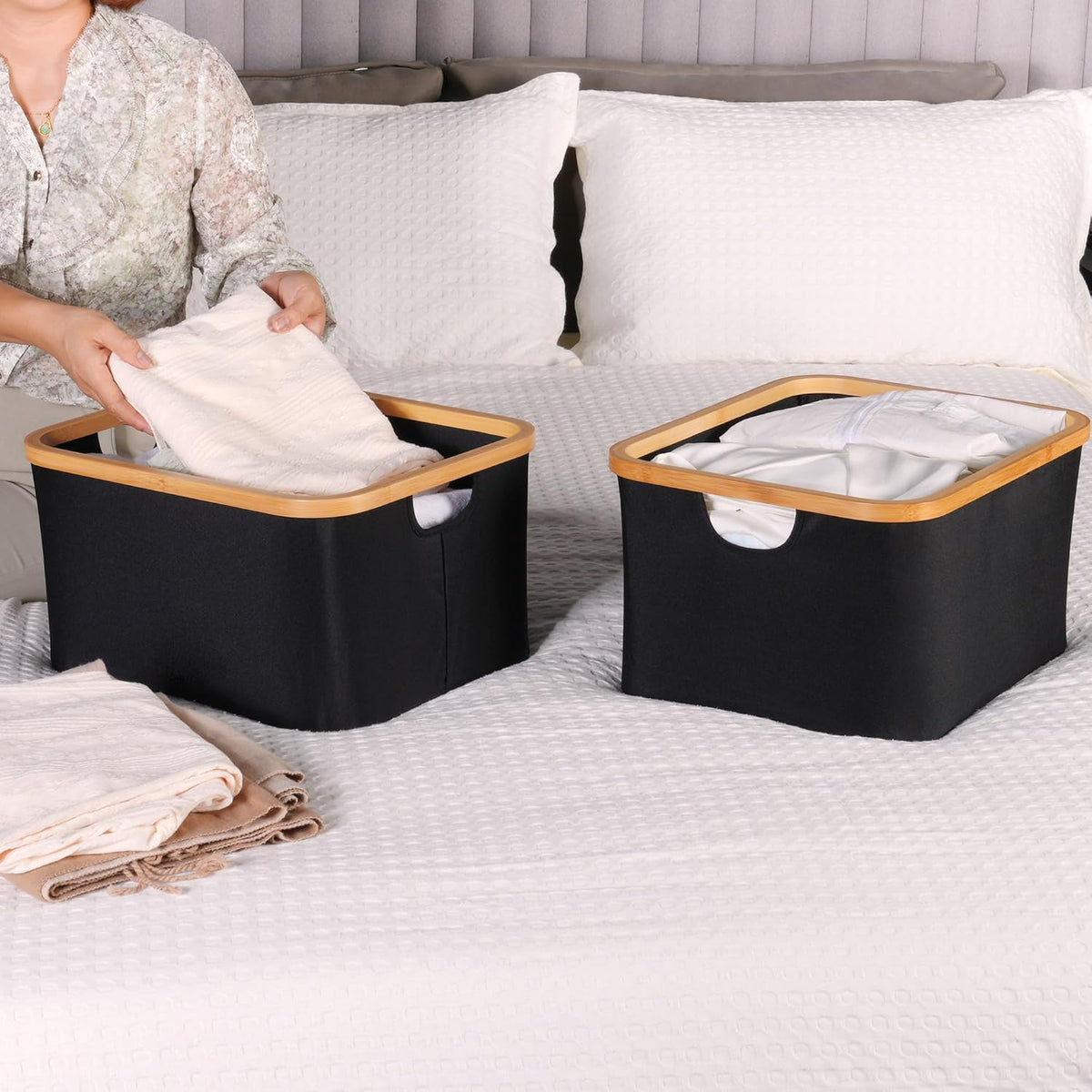 efluky Storage Baskets for Organizing, Fabric Storage Bins with Bamboo Handles, Collapsible Storage Baskets for Shelves and Closet (Black, 16.2'' x 13'' x 9.1'')