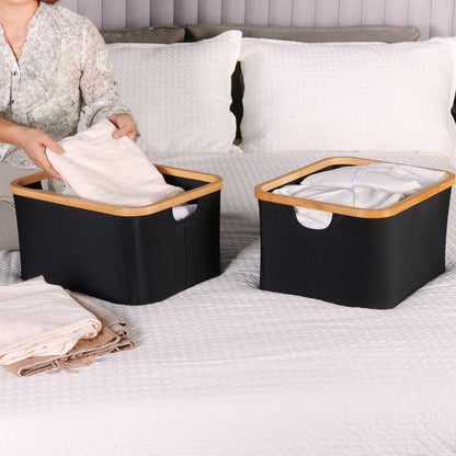 efluky Storage Baskets for Organizing, Fabric Storage Bins with Bamboo Handles, Collapsible Storage Baskets for Shelves and Closet (Black, 16.2'' x 13'' x 9.1'')