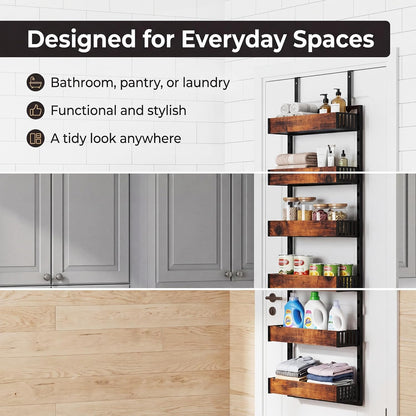 6-Tier Over the Door Pantry Organizer, 2-in-1 Door Hanging or Wall Mounted Spice Rack, Space Saving Metal Storage Shelves with Adjustable Baskets for Kitchen, Closet, Bathroom