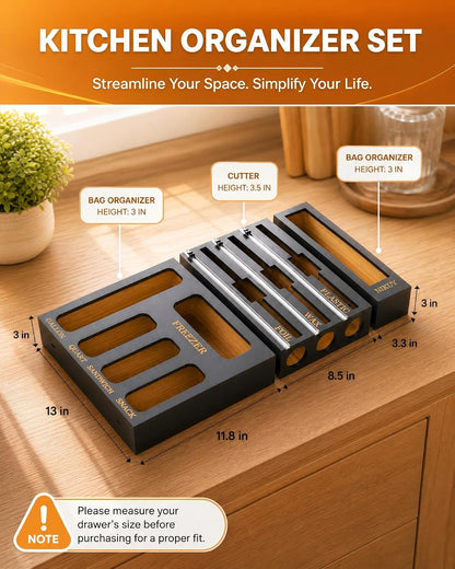 9 IN 1 Bamboo Foil and Plastic Wrap Organizer for Kitchen Drawer, Plastic Bag Organizer Organization and Storage, Food Storage Bag Organizer with Labels for Quart Gallon Snack Sandwich Bag