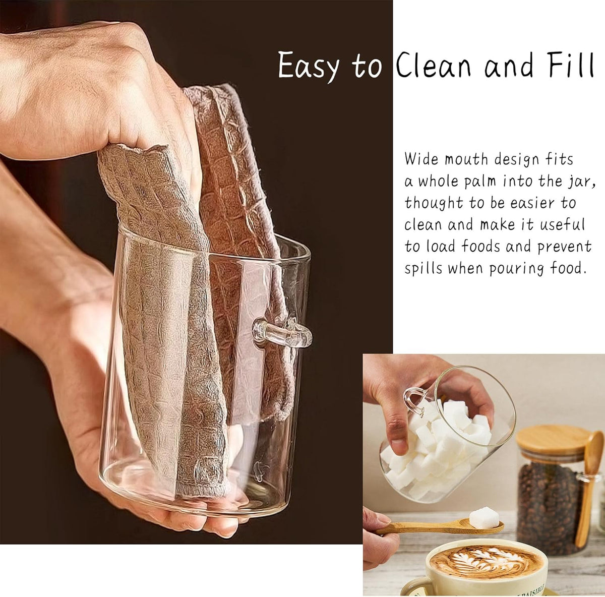 Glass Sugar Container with Spoon - 15oz Glass Jars with Bamboo Lid and Spoon, Bamboo Lid Storage Jar Canister for Coffee Beans, Spice, Brown Sugar, Tea, Flour, Nuts, Candy, Salts and More