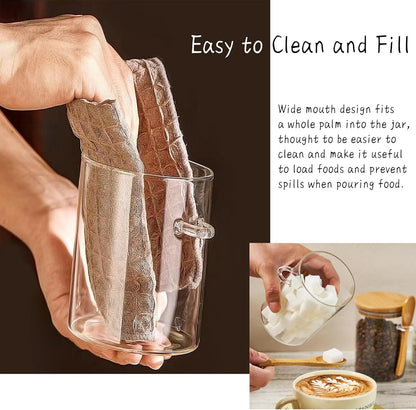 Glass Sugar Container with Spoon - 15oz Glass Jars with Bamboo Lid and Spoon, Bamboo Lid Storage Jar Canister for Coffee Beans, Spice, Brown Sugar, Tea, Flour, Nuts, Candy, Salts and More