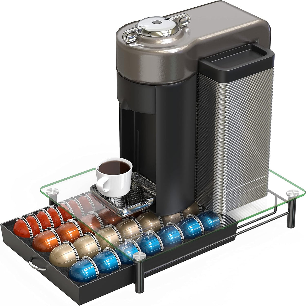 DecoBrothers Crystal Tempered Glass Vertuo Pod Holder Drawer, 24 Large or 48 Small Nespresso Capsule Organizer