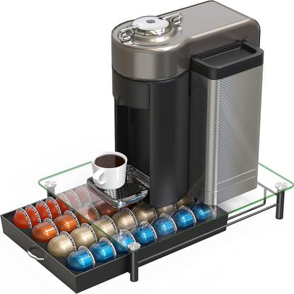 DecoBrothers Crystal Tempered Glass Vertuo Pod Holder Drawer, 24 Large or 48 Small Nespresso Capsule Organizer
