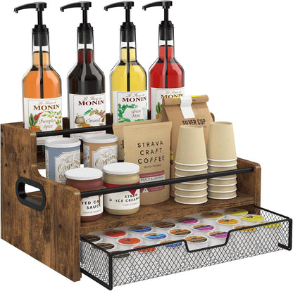 Homode 3-Tier Coffee Bar Organizer, 8 Bottle Syrup Stand with 35 Coffee Pod Storage Drawer, Rustic Wood & Metal Countertop Liquor Bottle Holder for Kitchen, Black
