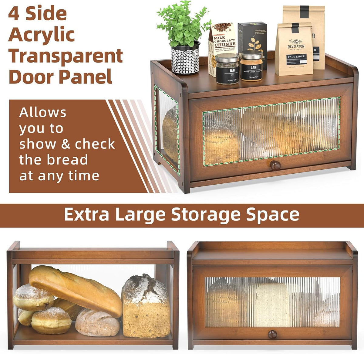 BAMBANG Bamboo Bread Box for Kitchen Countertop, Extra Large Farmhouse Bread Box with 4-Side Clear Panels, Wooden Bread Storage Container for Homemade Bread, Natural