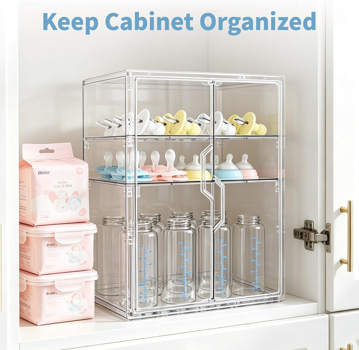 Baby Bottle Organizer, 3 Tiers Adjustable Bottle Storage Container for Countertop, Acrylic Bottle Station with 2 Removable Dividers and Double Magnetic Doors, Suitable for Kitchen Bathroom Vanity