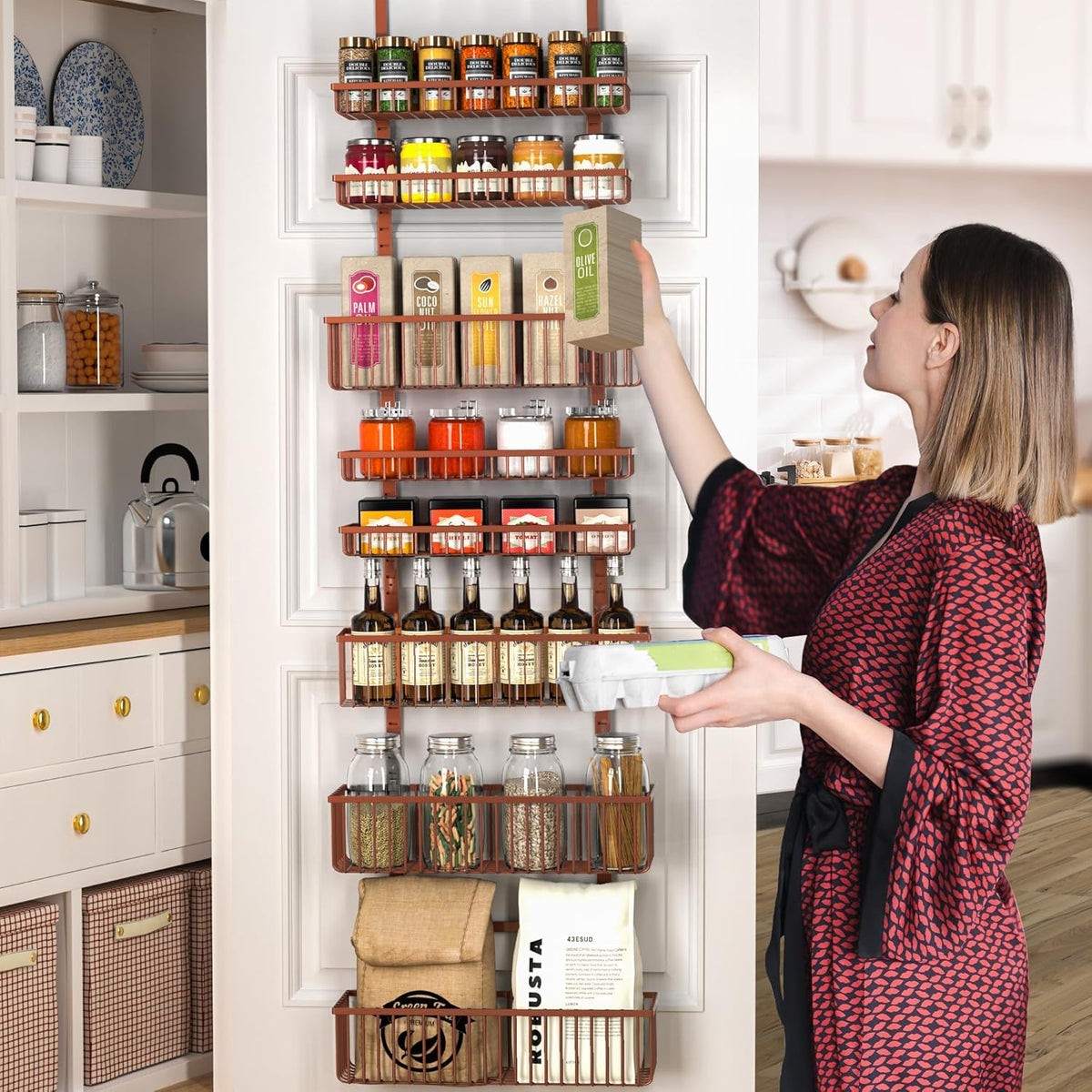 Moforoco White Over The Door Pantry Organizer, Pantry Organization and Storage, Metal Hanging Spice Rack Shelves Door, Seasoning Shelves, Laundry Room Organization, House and Kitchen Essentials