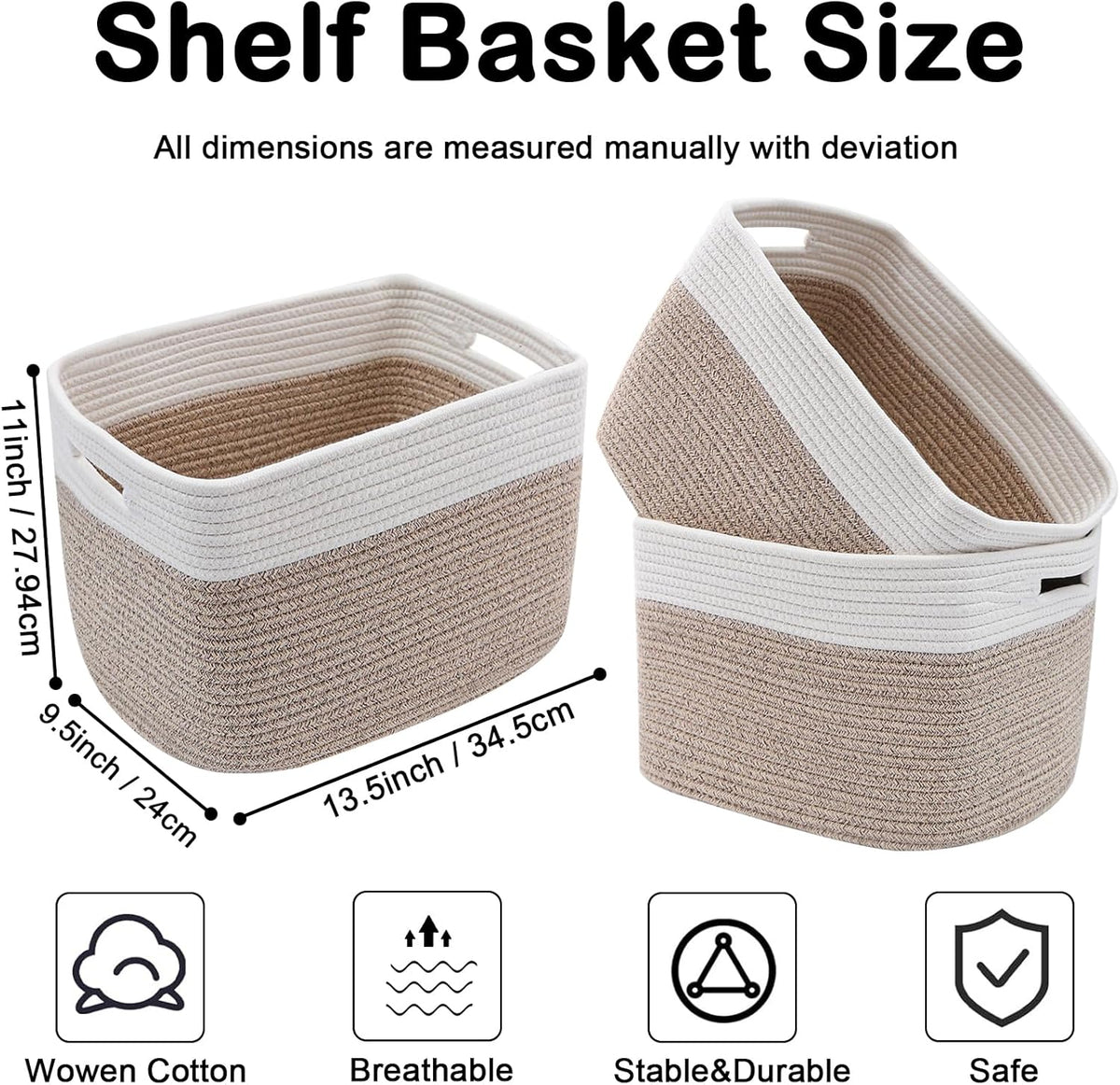 3 Pack Woven Rope Storage Baskets for Shelves,13.5"×11"×9.5" Storage Bins with Handles,Empty Gift Baskets,Nursery Organizer for Toys,Towels,Books,Closet,Living Room,Bedroom (White & Brown)